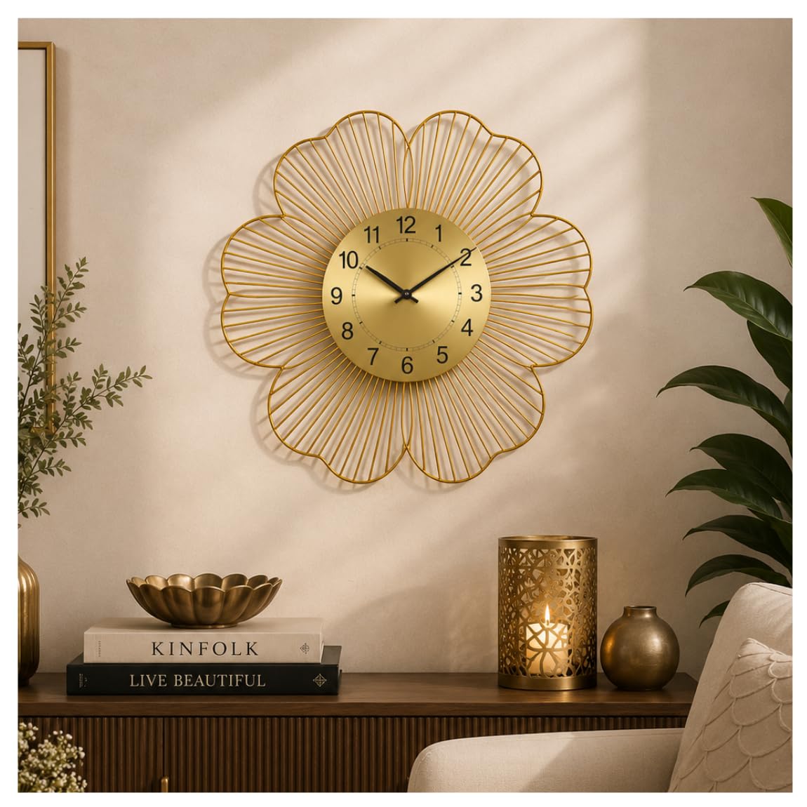 Florenza Premium Handcrafted Gold Flower Shape Metal Wall Clock | Modern Decorative Clock for Living Room Bedroom Office Home Decor and Gifting-picture-12