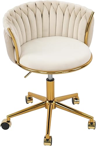 Silla de oficina en casa tejida de terciopelo, moderna silla de escritorio giratoria con ruedas, silla de tocador ajustable en altura con base de