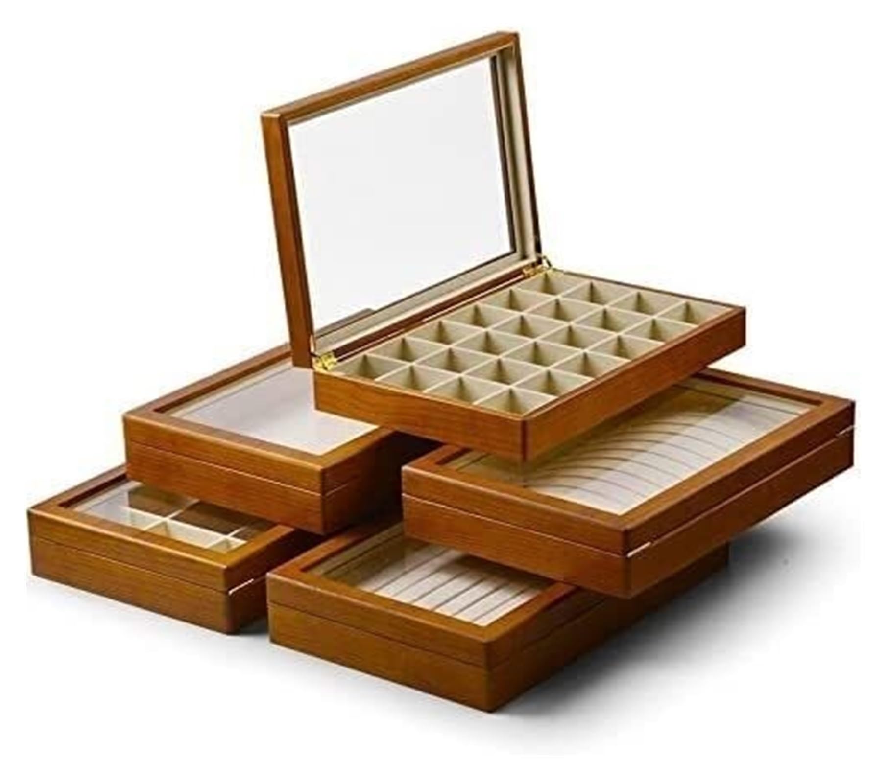 Portagioie In Legno A 6 Cassetti - Organizer Con Scomparti Per Anelli, Orecchini, Collane E Bracciali, 21,8x19,8x32 Cm, Rivestito In Velluto, Con Maniglie In Ottone
