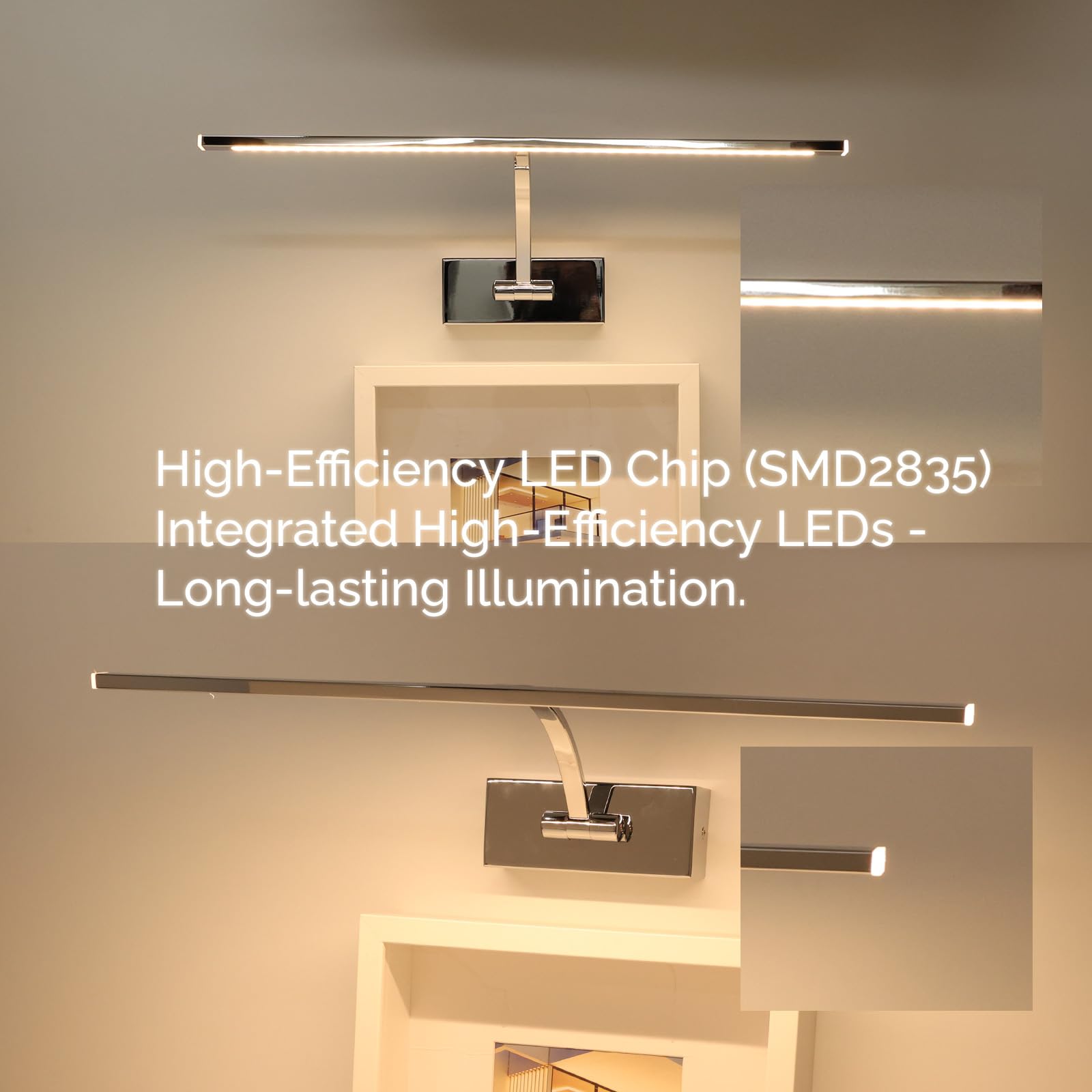 Alpinaluz Aplique Pared LED para Cuadros 8W 2700K Cromado Brillante 45,5 cm | Barra orientable 180° con difusores acrílicos para espejos, vitrinas, muebles y decoración mural