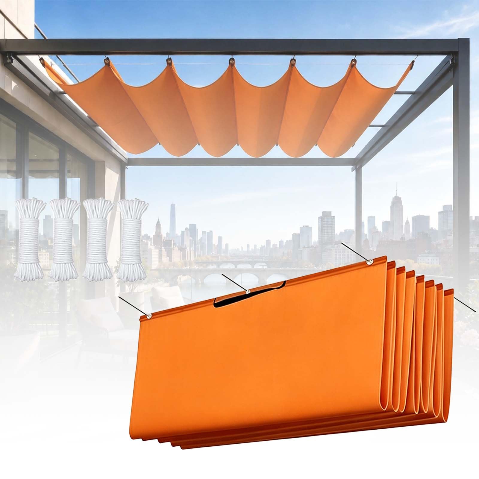 Rozwijany Żagiel Przeciwsłoneczny Wave 160 x 380 cm Wodoodporne, Blokada UV W 95%, Z Linką, Łatwy Montaż Rozwijana Falista Markiza Baldachim Pergola Do Pergoli, Werandy, Pomarańczowy