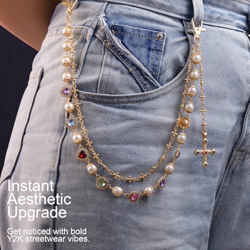 Image of Y2K Pearl Pants Chain Streetwear Jewelry- Unisex Layered Wallet Chain with Heart Cross Pendant, Punk Aesthetic Jeans Keychain Accessory for Men Women