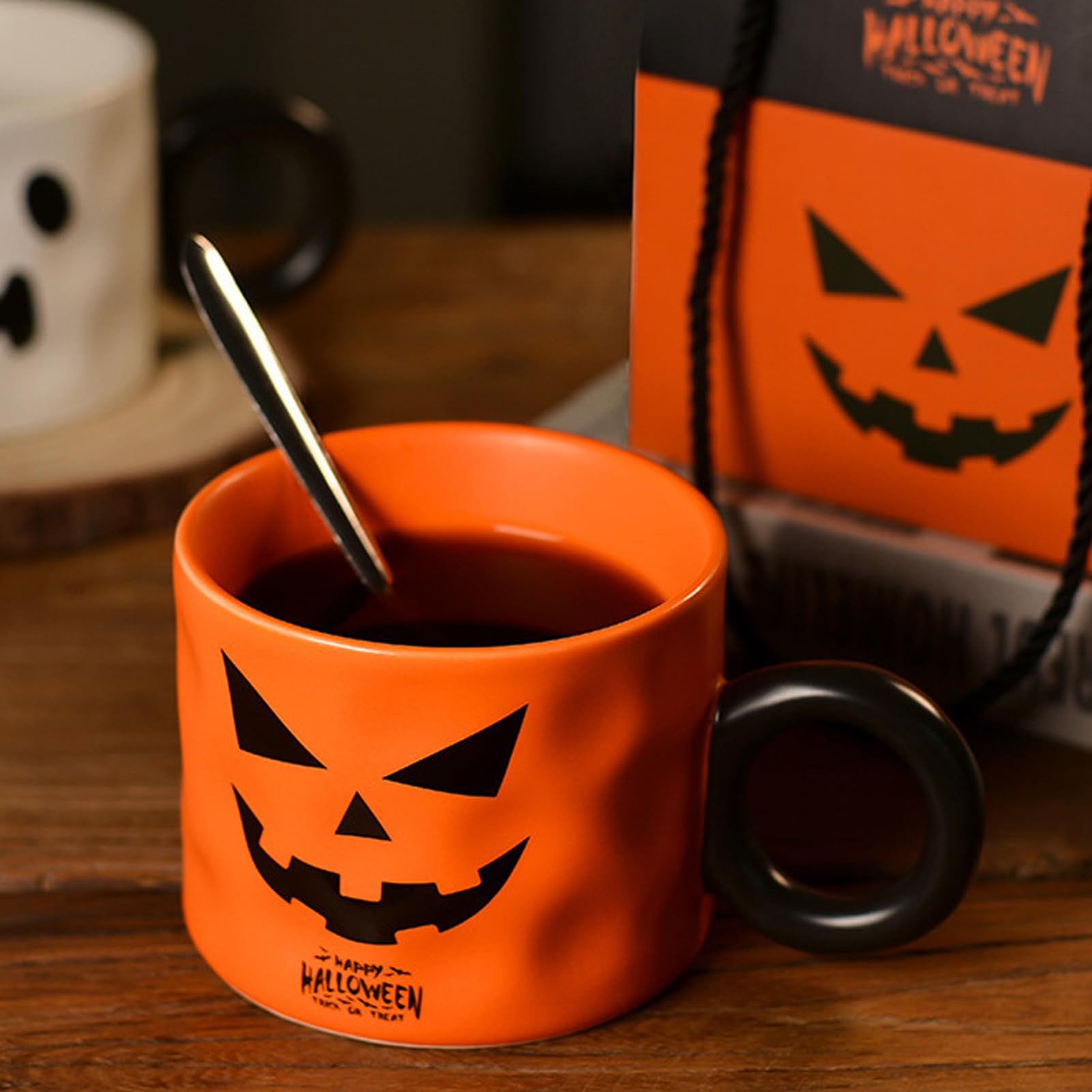 Kürbis-Keramiktasse Mit Deckel & Löffel - Halloween Kaffeetasse, 13cm, Orange, Für Heiße Getränke & Suppe