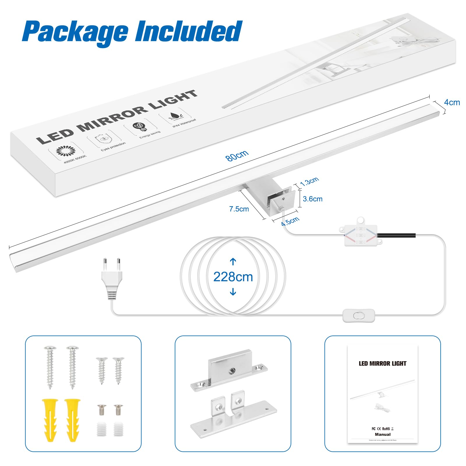 NIORSUN LED Lampara Espejo Baño 18W 80cm Temperatura de Color Dual 4000K 6000K, 2000lm Lampara Baño, Apliques Espejo de Baño Impermeable IP44, Se Pueden Instalar en Espejos/Gabinetes/Paredes（Plata）