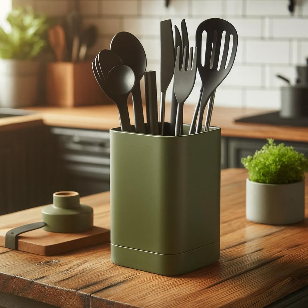 Kitchen Utensil Holder Square Pot (Matt Dark Green)