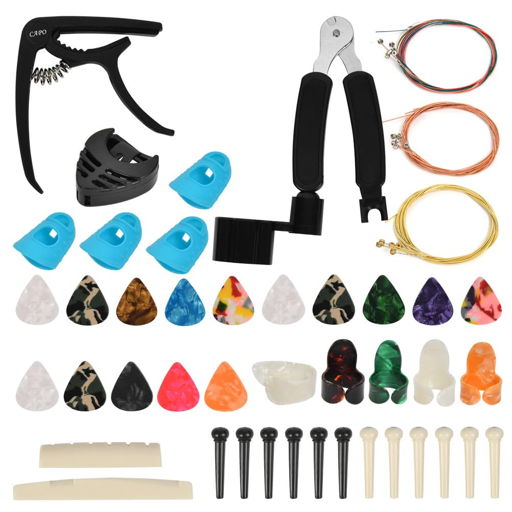 Guitar Accessories Kit Guitar Tool Changing Kit Include Acoustic Guitar Strings, Capo, String Winder, Picks, Pick Holder, Bridge Pins, Nuts & Saddles, Finger Protector, Finger Picks