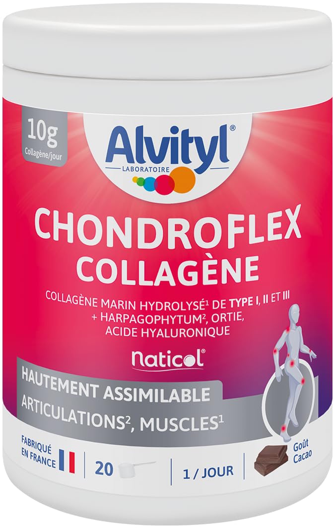 Alvityl Chondroflex - Collagène hydrolysé de Type 1,2 et 3 – Harpagophytum – Acide hyaluronique – Ortie Dioïque- Hautement assimilable – Goût Chocolat - 10,5g par jour – 220 gr