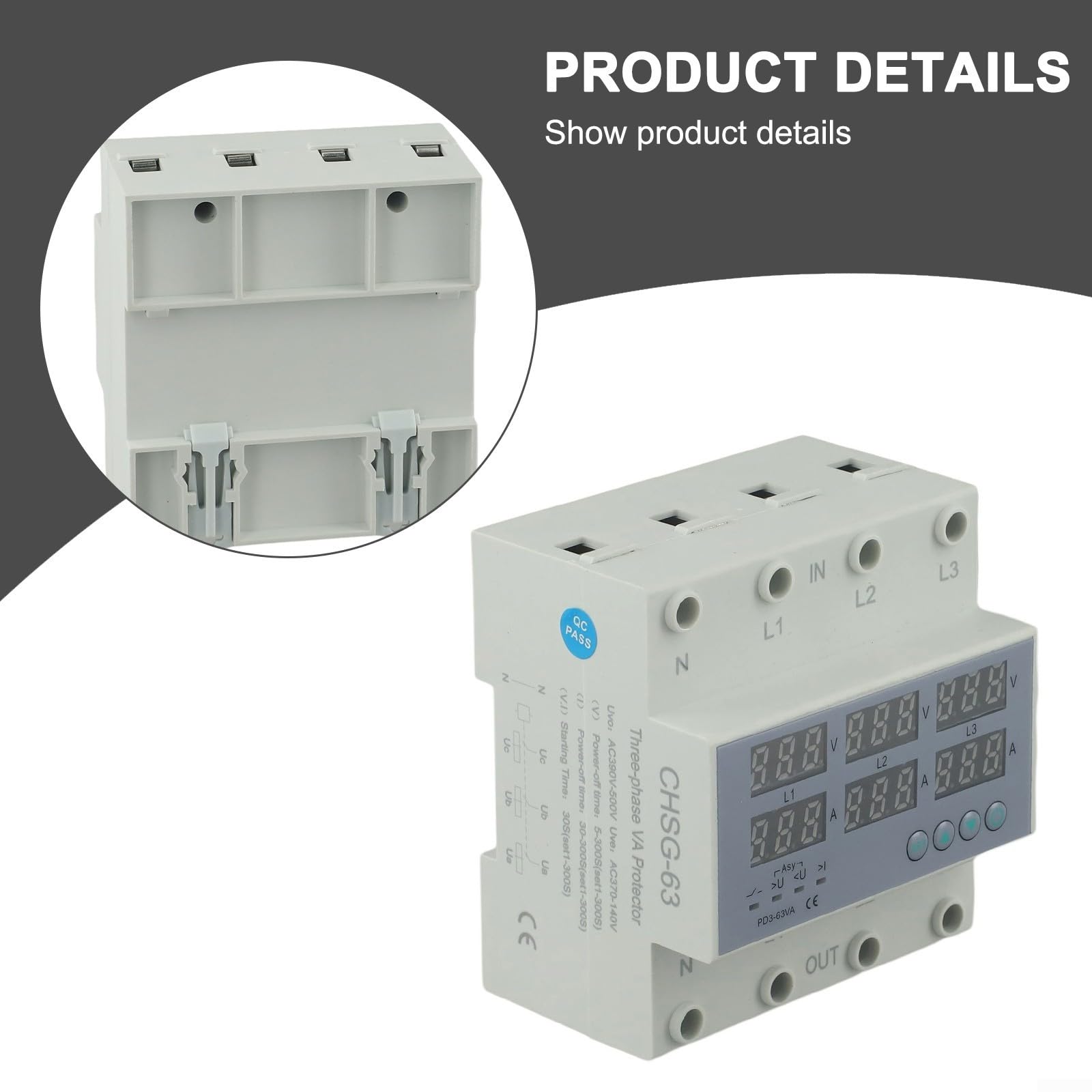 Relé digital trifásico de sobretensión y bajo voltaje con limitador de corriente, interruptor de protección ajustable para 380 V/220 V, fusible de riel DIN 63 A con pantalla LCD para industria y