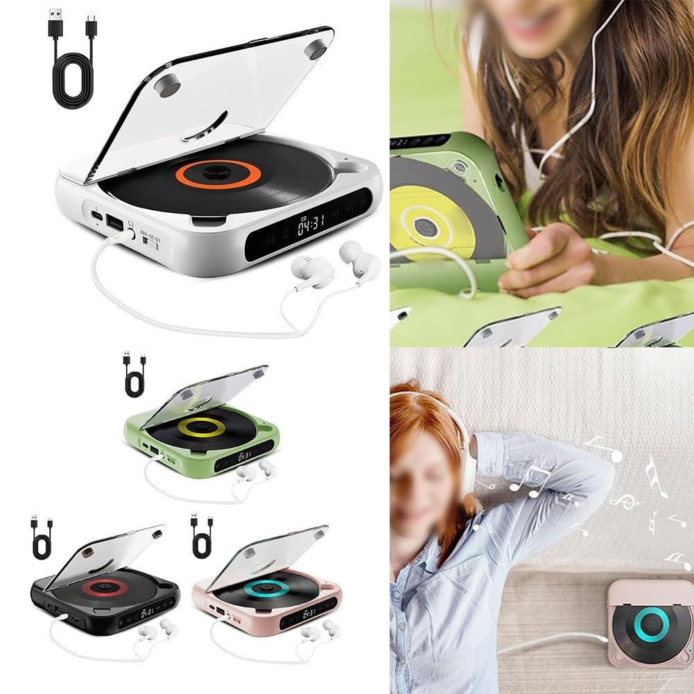 Fi Reproductor de CD portátil, funciona con batería recargable, reproducción de música inalámbrica y con cable, diseño compacto y ligero para viajes en casa