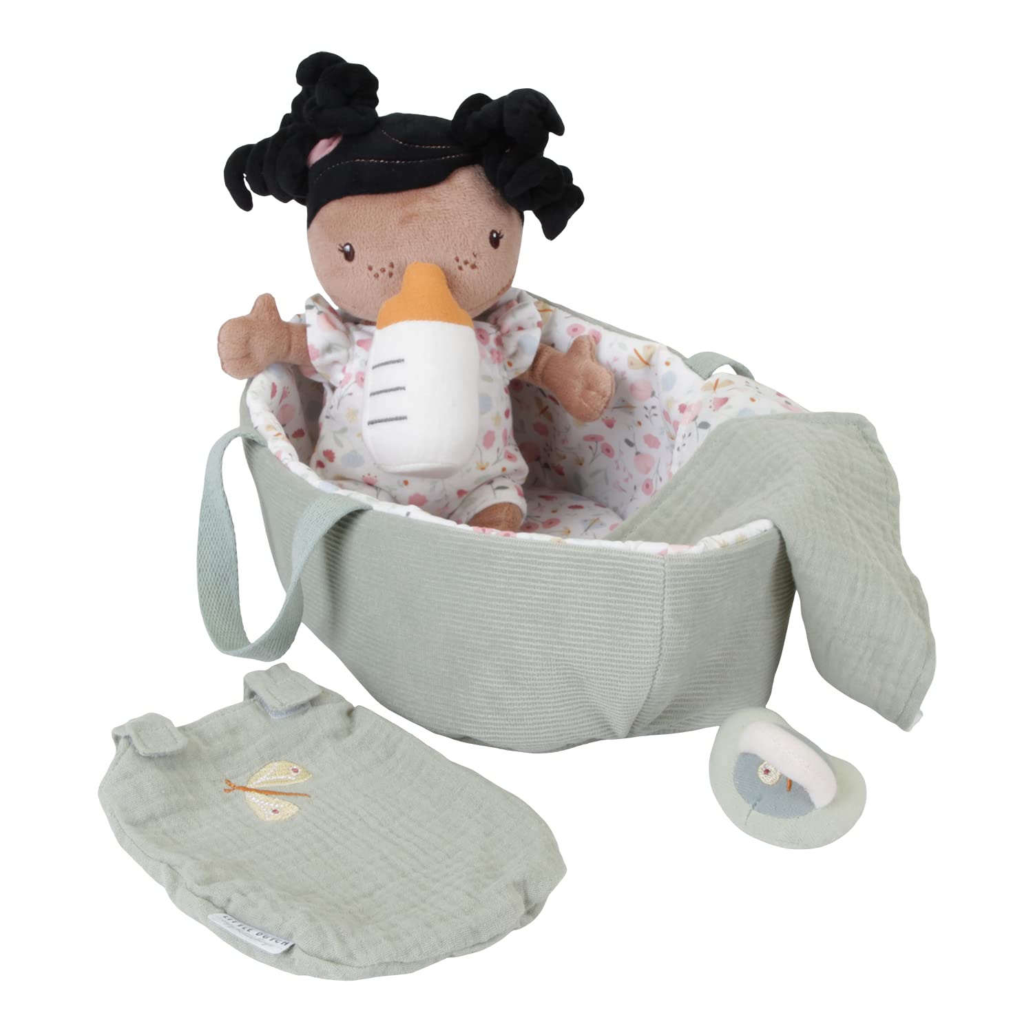Little Dutch Stoffpuppe Babypuppe im Tragekorb mit magnetischem Schnuller und Trinkflasche und viel Zubehör Evi grün - Flowers & Butterflies