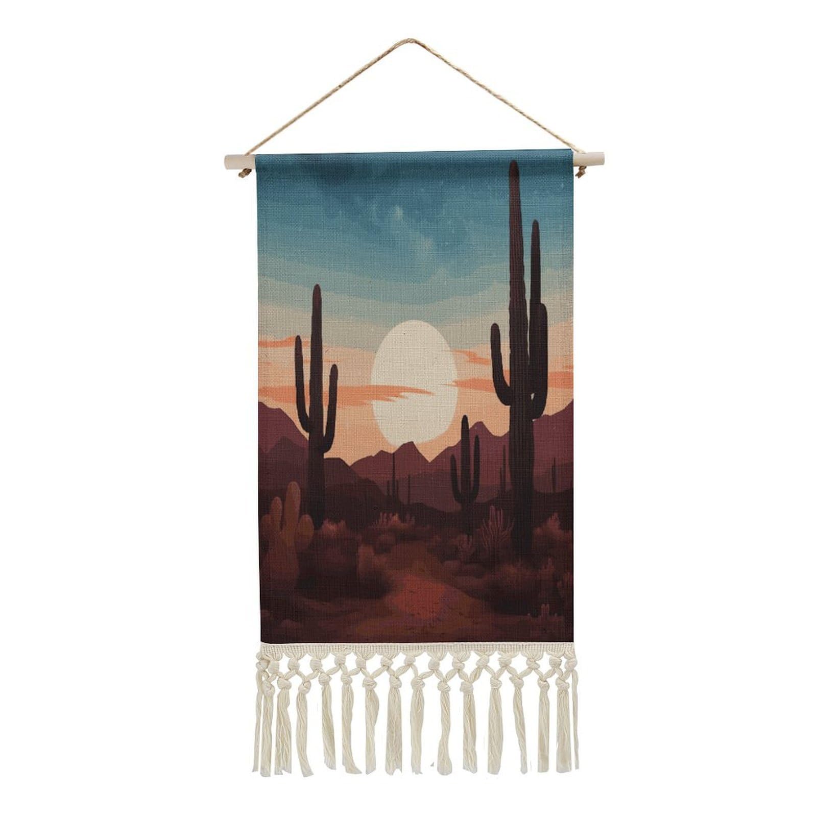 VstaDank Desert With Cactus Wall Art Decor with Tassels 20"x10" Cotton Linen Hanging Tapestry Decor Wall Art Prints Wood Frame Boho Wall Art Poster for Bedroom Living Room Office