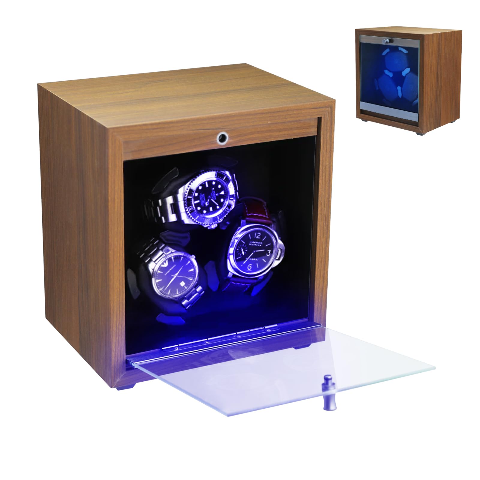 Caja Giratoria para Relojes Automáticos, Caja Giratoria con 3 Relojes Automáticos | 4 Modos de Rotación | Luz LED Azul | Almohadilla de Espuma | Vitrina de Madera, Función de Parada con Tapa Abierta
