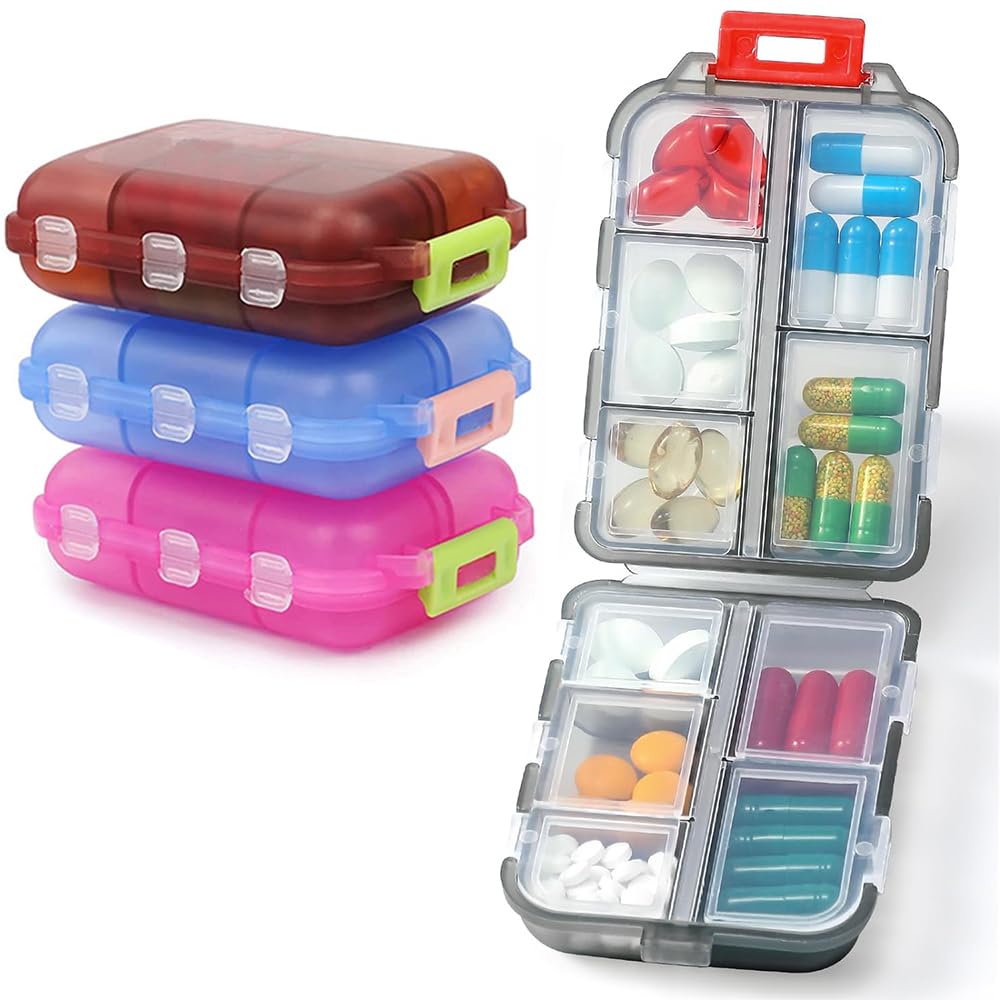 4 Pack Travel Pill Box – Small 10 Grid Compartments Pocket Pharmacy, Portable Medicine Organiser, Mini Daily & Weekly 7-Day Pill Case (Compact & Lightweight)