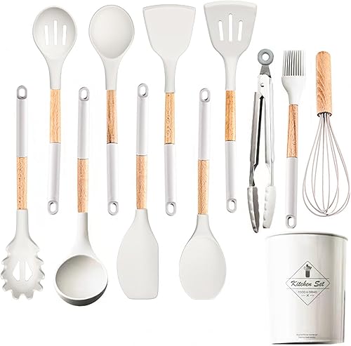 Juego de utensilios de cocina de cocina con soporte, juego de 12 utensilios de silicona para cocinar, juego de espátulas de goma sin BPA para