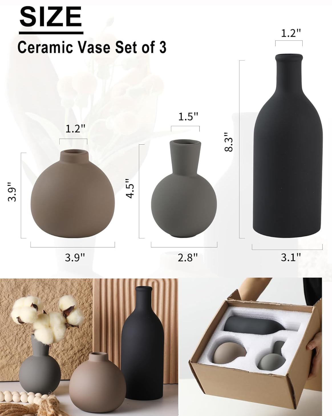 Lot de 3 vases en céramique - Décoration d'intérieur rustique - Vase en poterie pour table, salon, cuisine, chambre à coucher, salle de bain, bibliothèque, entrée (lot de 3)