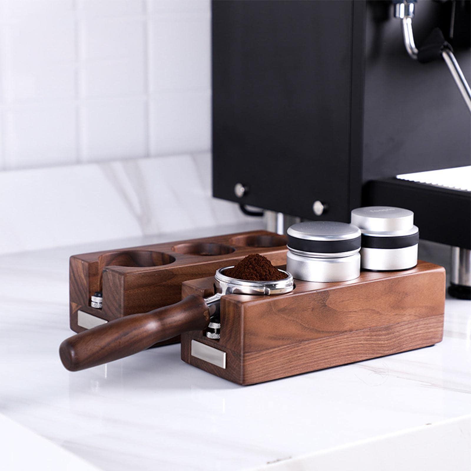 Porta Filtro Supporto Caffè Tamper Base Legno con Tre Alloggiamenti Antiscivolo in Silicone Adatto per Preparazione Espresso E Arte