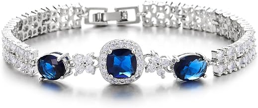 COOLSTEELANDBEYOND Glamorous Crystal Bracelet Blue Sapphire Cubic Zirconia, Elegant Bridal Statement Jewelry Birthstone