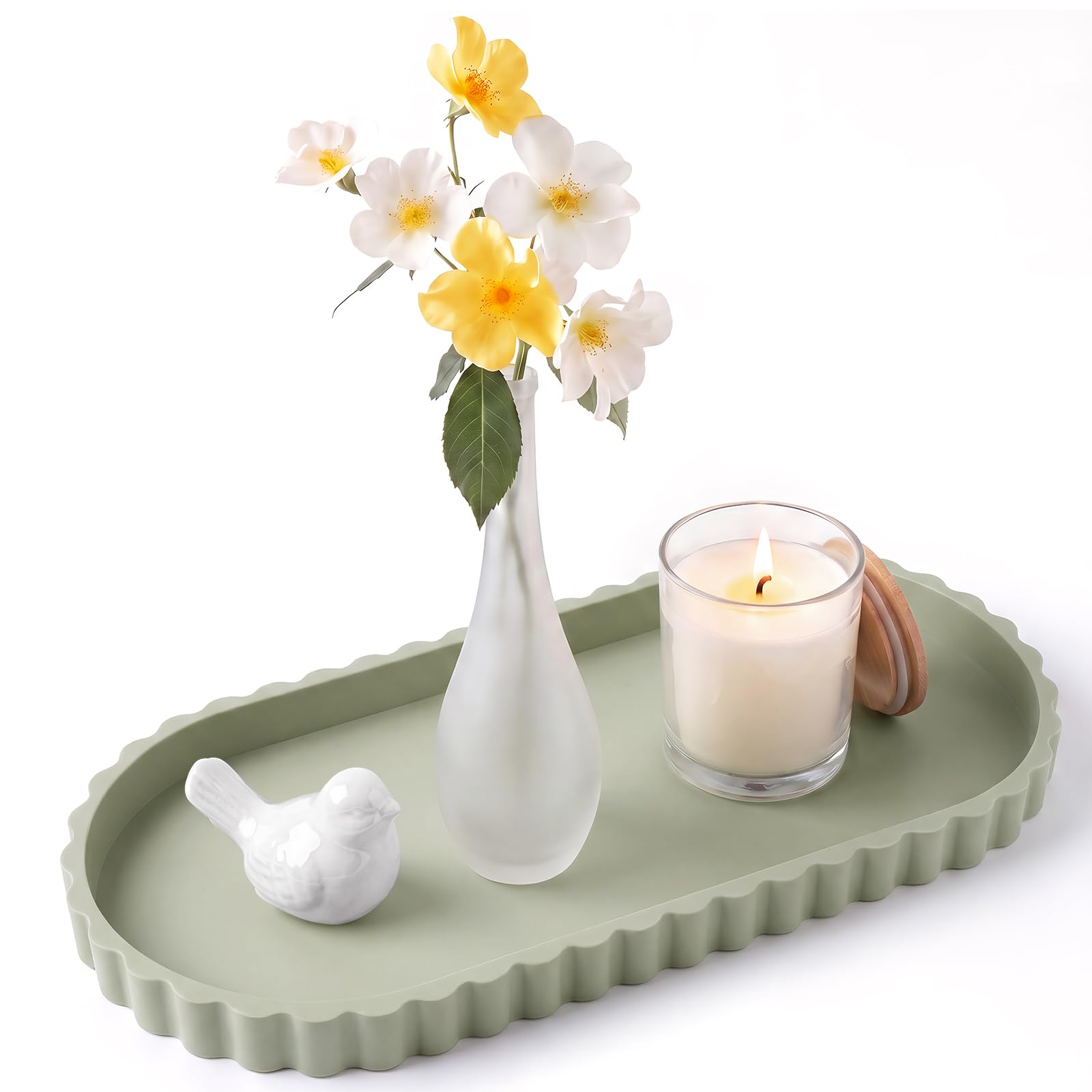 Bathroom Tray - 30.5 x 13.5 cm Oval Vanity Tray for Bathroom Countertop Silicone with Scalloped Edge, Elegant Decorative Trays Cosmetic Trays Organiser for Perfume, Candle, Home Decor