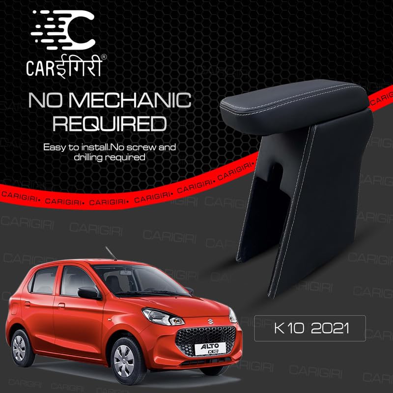 Image of Carigiri Premium Finish Car Armrest with Storage Box And High Density Moulded Foam For Alto K10 (Models-2021-2025) (White Seam,Nappa Leatherette)