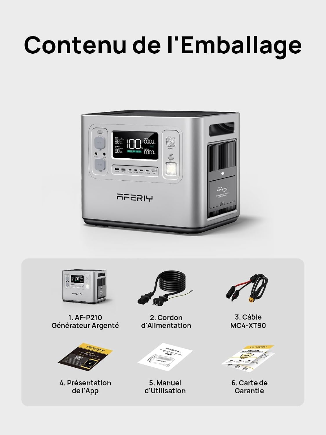 AFERIY 2400W 2048Wh Générateur Électrique Solaire avec 2x200W Panneau Solaire Pliable à Cadre en Aluminium, UPS, BMS, Station Électrique Portable pour Camping-Car/Hors Réseau/Panne de Courant, Argent