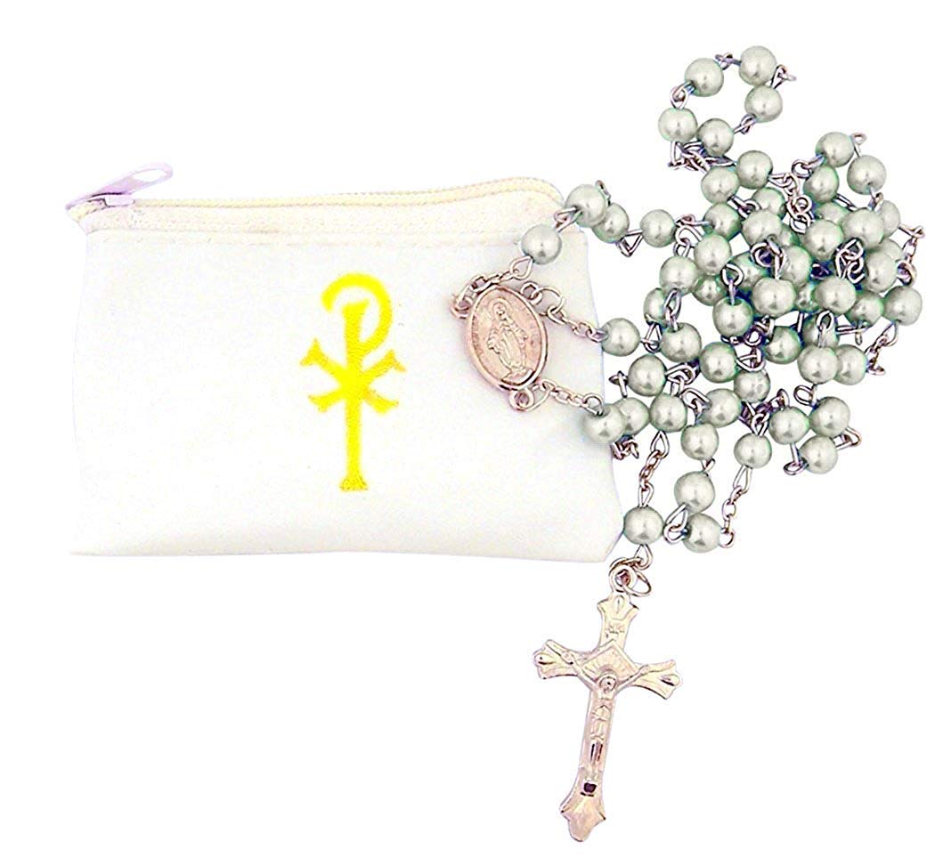 Catholic Women or Girls Glass Bead Rosary with White Zipper Vinyl Case