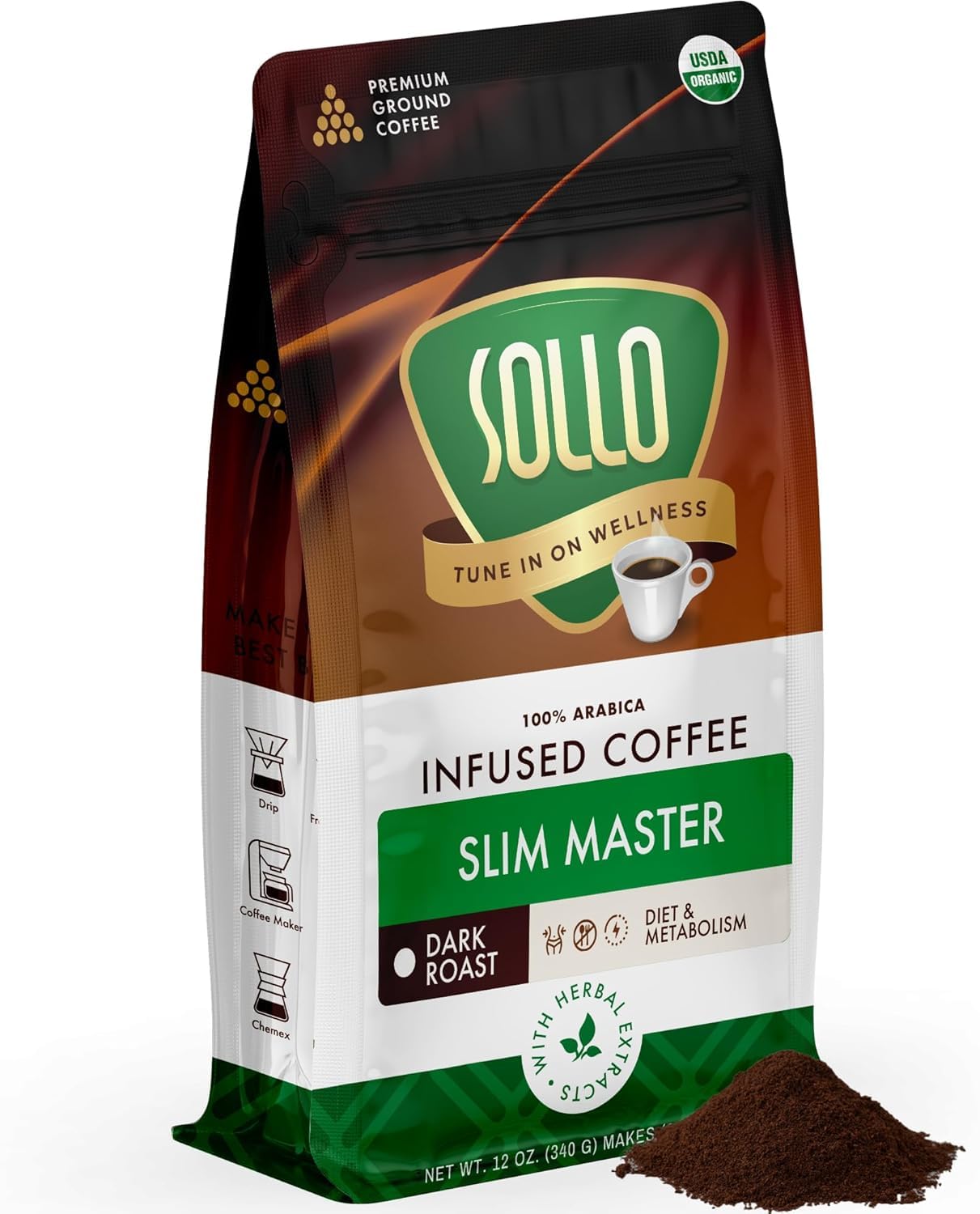 Sollo Organic Slim Ground Coffee - Infused Weight Loss Blend, Dark Roast, Bold & Smooth, 100% Arabica Specialty Grounds, 12 oz