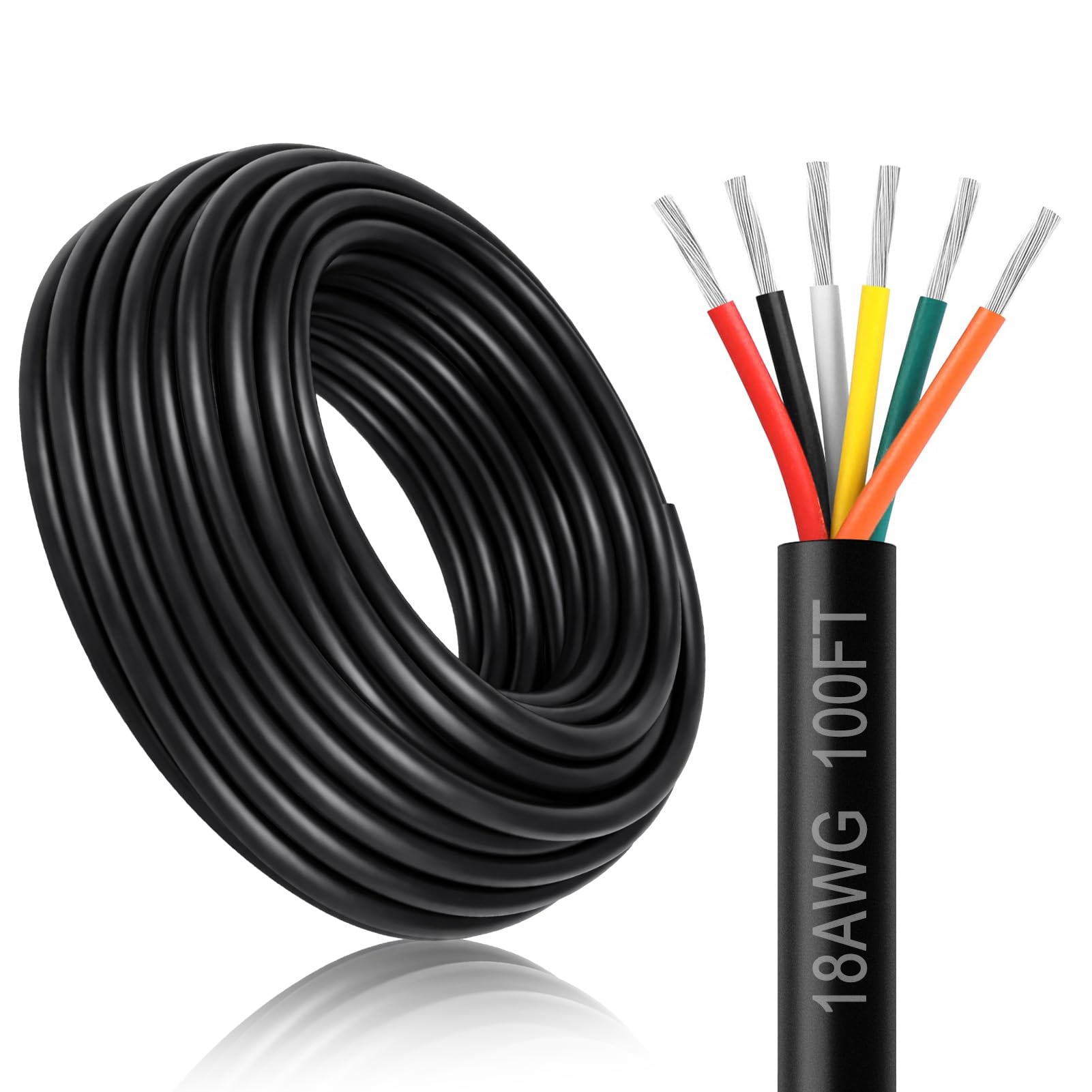 DEKIEVALE 18 Gauge 6 Conductor Electrical Wire, 100FT 18AWG Black PVC Stranded Tinned Copper 6 Wire Cable, 18/6 Cord Extension Cable for LED Lamp