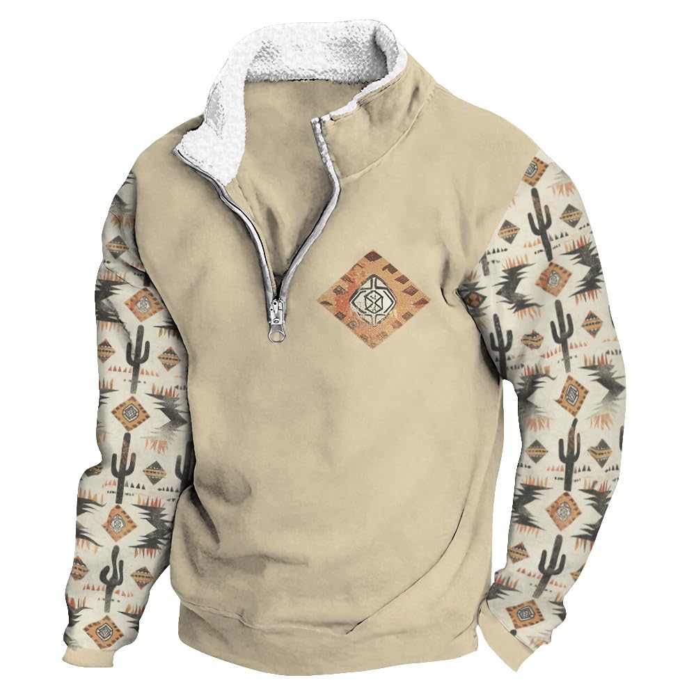 Fleece Stand Collar Sweatshirts for Men Aztec Print Long Sleeve 1/4 Zipper Sweatshirt Western Cowboy Graphic Hoodies Loose Fit Pullover Country Jackets I-Cow Skull Apricot 03 S
