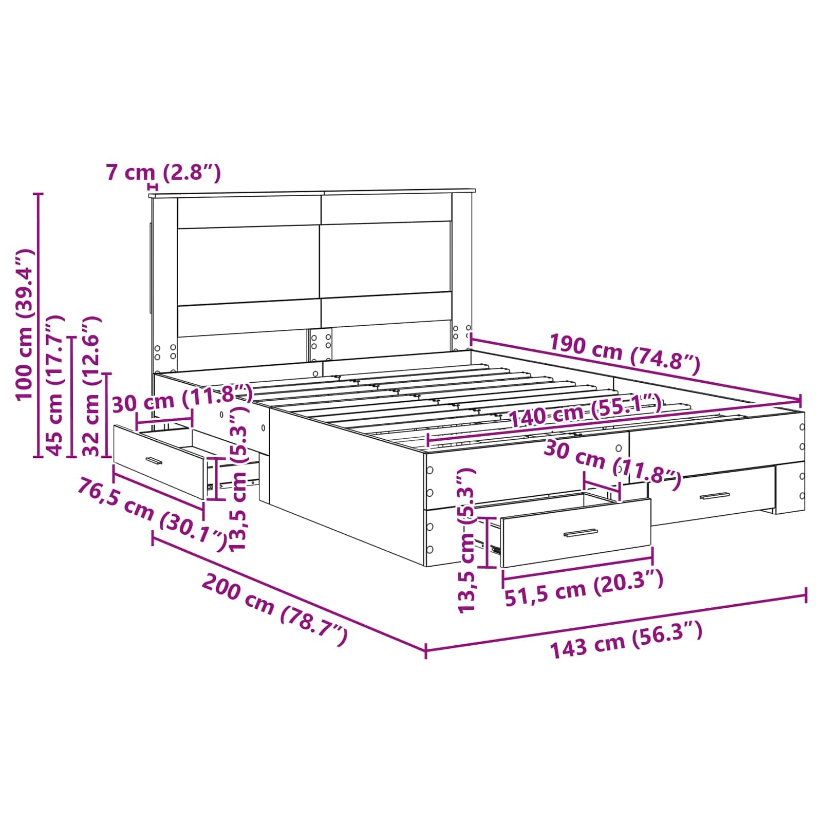 vidaXL Estructura de Cama con cajón con cabecera Madera contrachapada, Diseño de Dormitorio Moderno, soluciones de Almacenamiento, Cama Elegante, área de Descanso útil, Muebles con Estilo