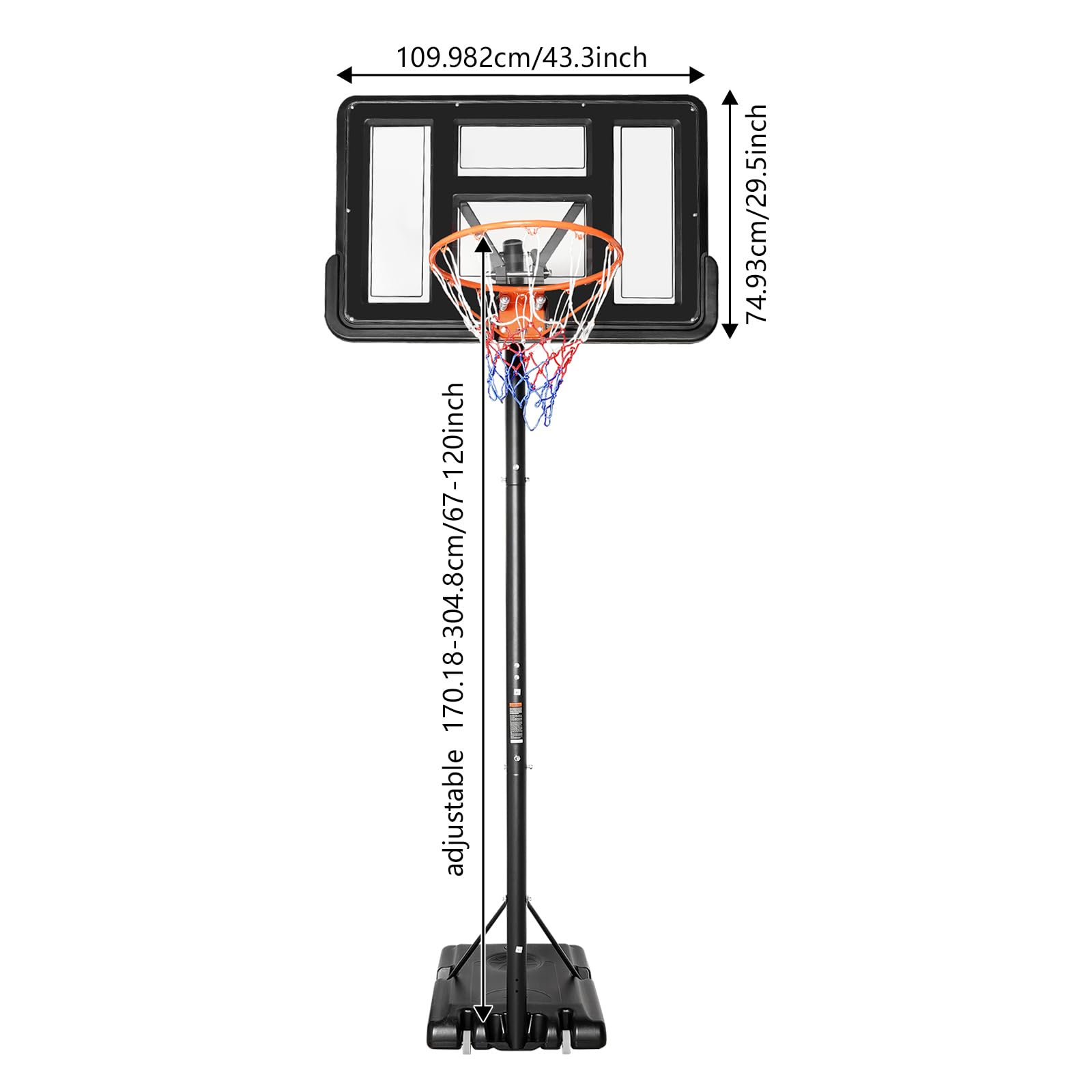 Soporte para canasta de baloncesto, 170-305 cm, altura ajustable con ruedas, incluye red, canasta de baloncesto portátil para jardín, campo de deporte y campo de juego