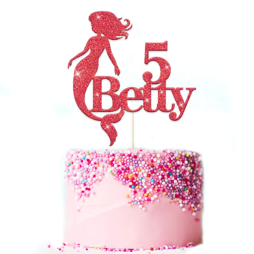 PERSONALISED Girls Birthday Cake Topper - Personalise with ANY NAME and ANY AGE - Made from Non-shed Double Sided Glitter Mermaid Cake Decoration (Red)