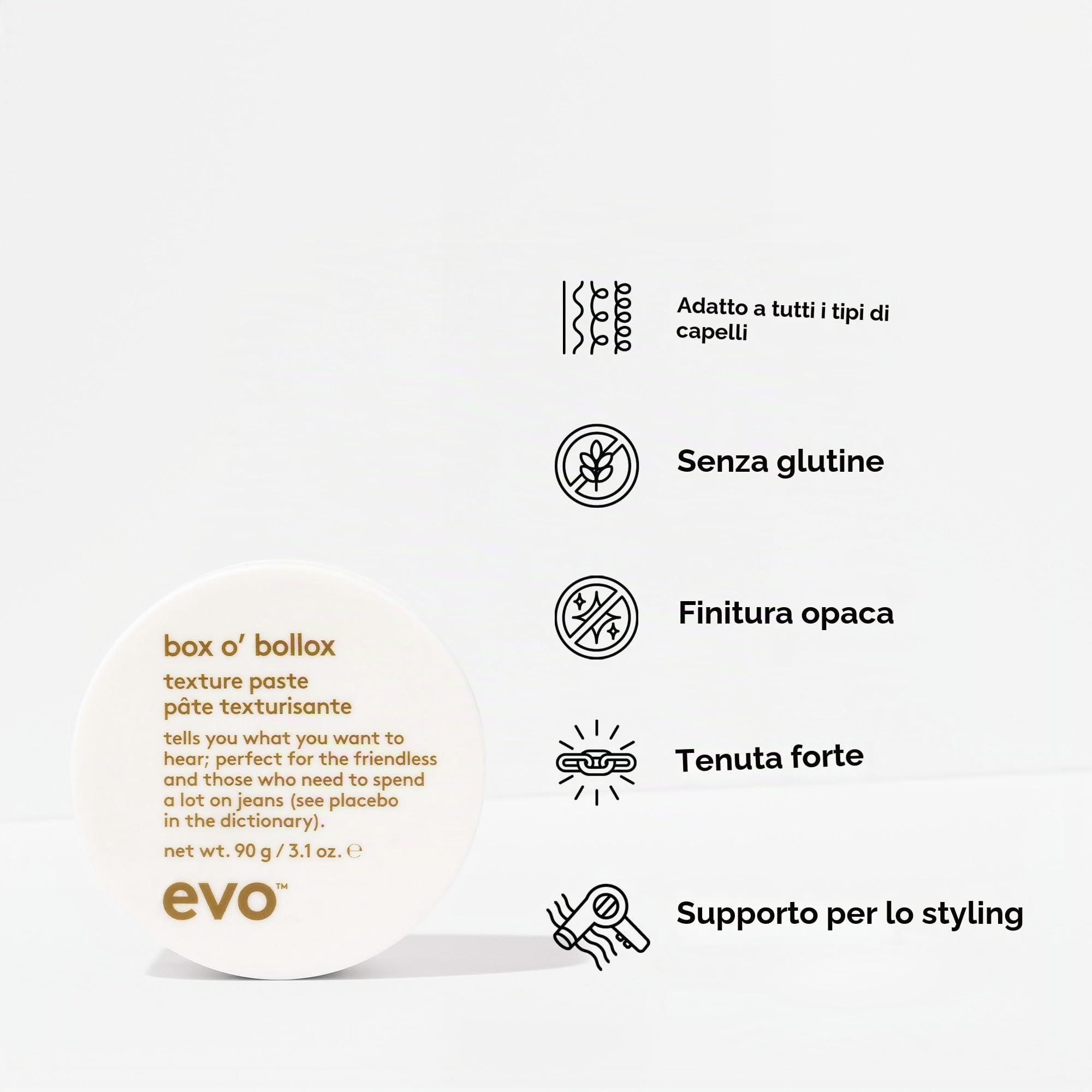 evo - Box O' Bollox Texture Paste - Pasta per lo styling dei capelli - Tenuta a lunga durata con una finitura opaca - 90g / 3.1 Fl Oz