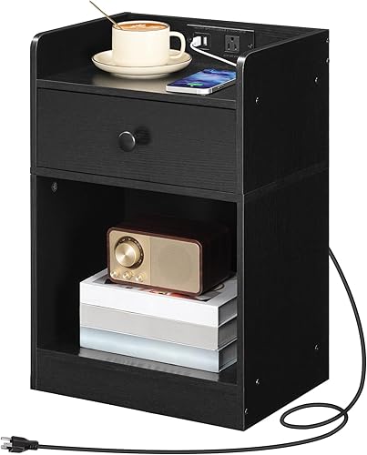 HOOBRO Mesita de noche con estación de carga, mesa auxiliar con cajón y estante de apertura, mesa auxiliar con puertos USB y tomas, mesita de noche