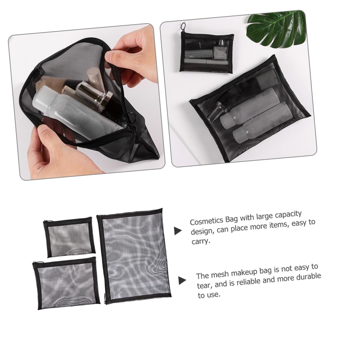 DECHOUS Trousses de Maquillage Rangement Personnel Fermeture Éclair Lisse et Résistante Grosse Capacité Lot de 3 en Nylon Noir Voyage