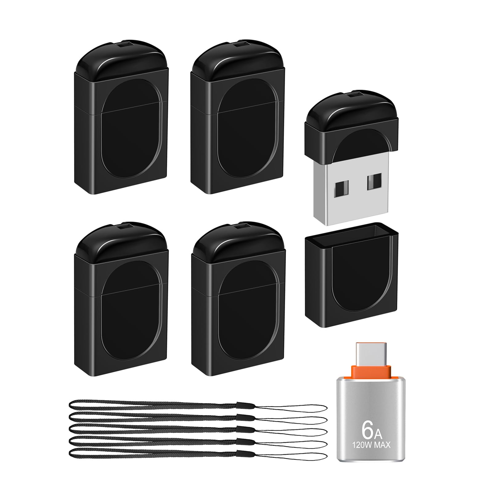 EASTBULL Paquete de 5 unidades flash pequeñas de 16 GB USB 2.0 con un adaptador USB-C, mini unidad de pulgar FAT32 de 16 GB, paquete de 5 unidades para almacenamiento de datos (negro, 1 adaptador