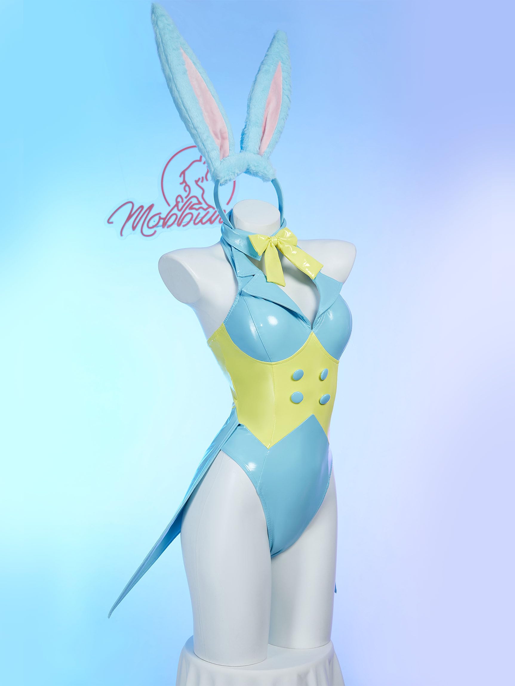 Mobbunny Women's Bunny Costume Easter Bunny Girl Bodysuit Rabbit One-Piece Jumpsuit Lingerie Set with Headband: Blue X-Large