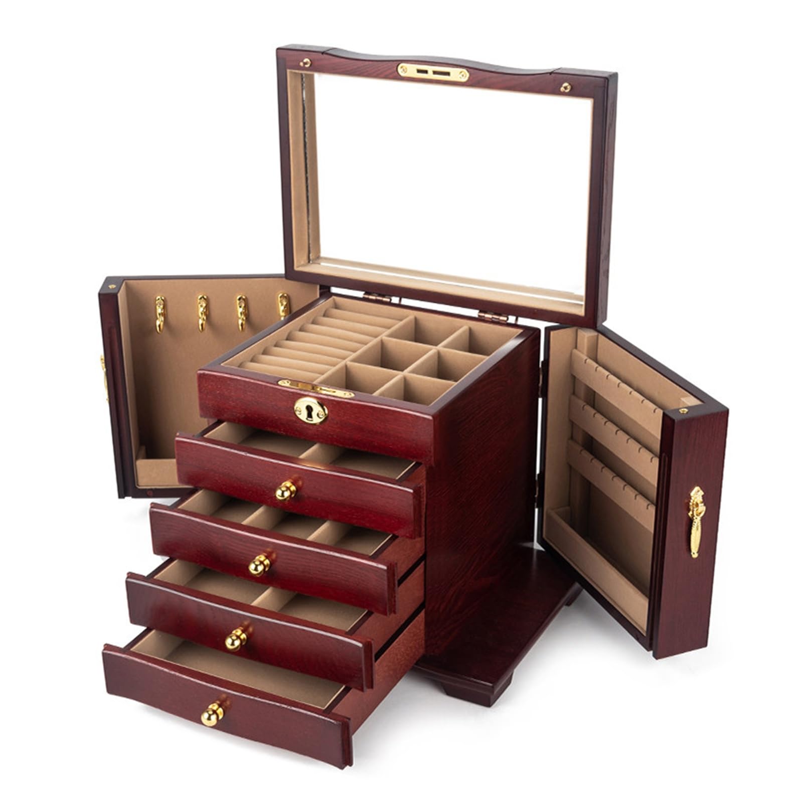 SDFSDE 5-Layer Wooden Jewelry Box With Mirror And Lock Luxury Jewelry Organizer And Storage Box For Watches Necklaces Rings Earrings Bracelets For Women(Wine red)