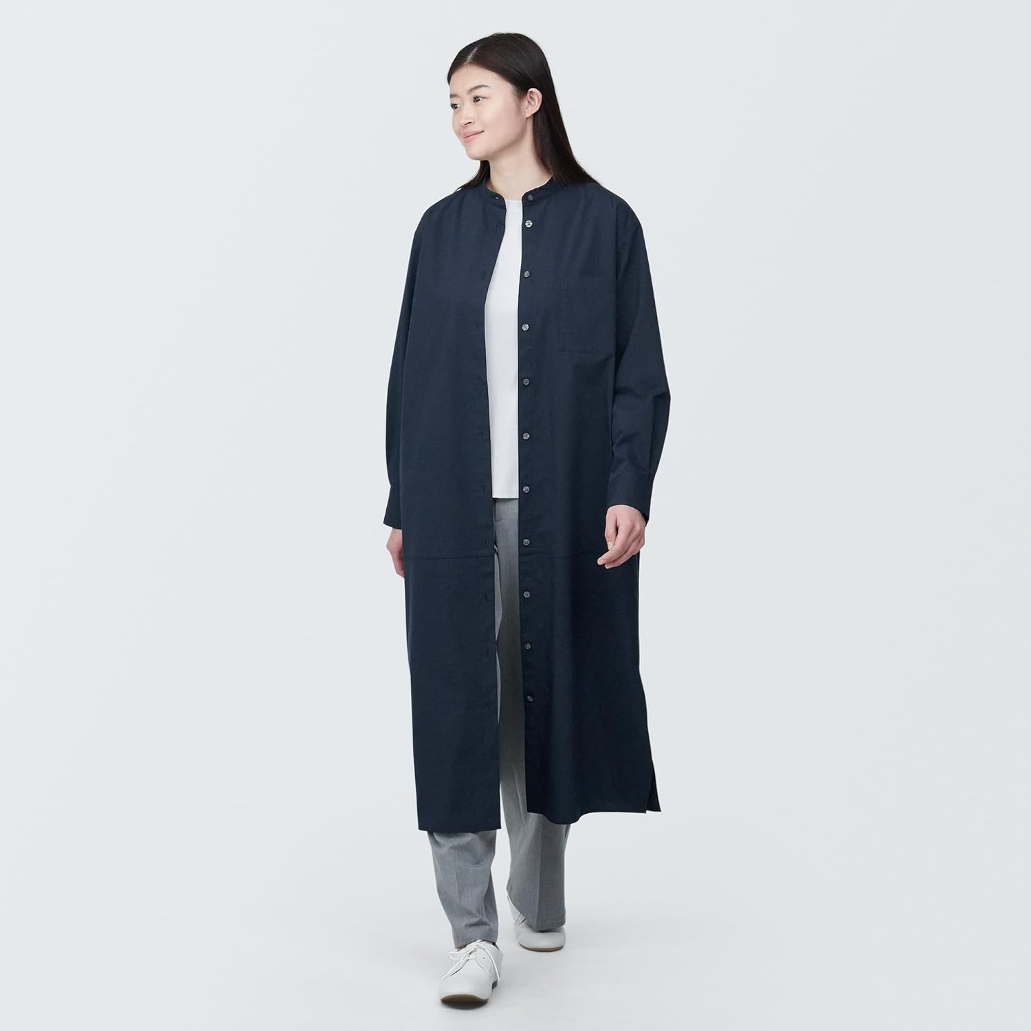 無印良品 ワンピース婦人 シワになりにくい ブロードスタンドカラー長袖ワンピースレディース