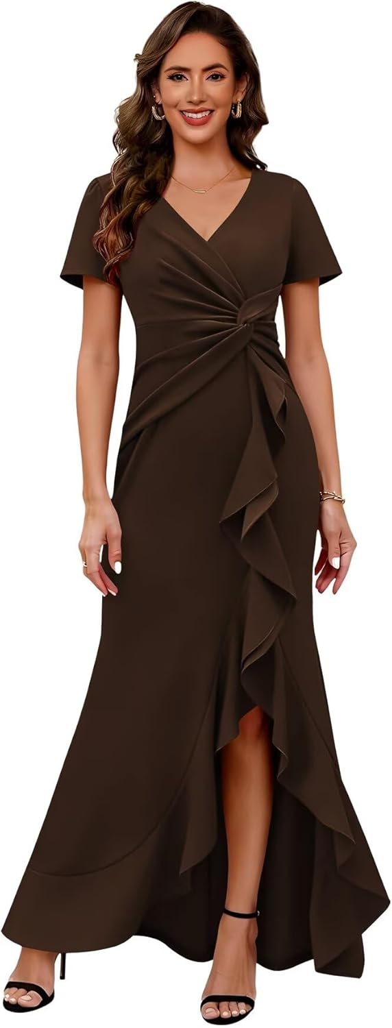 Jicht Mother of Bride Dresses with Sleeves Ruffled V-Neck Formal Dress Maxi Wedding Guest JAC38