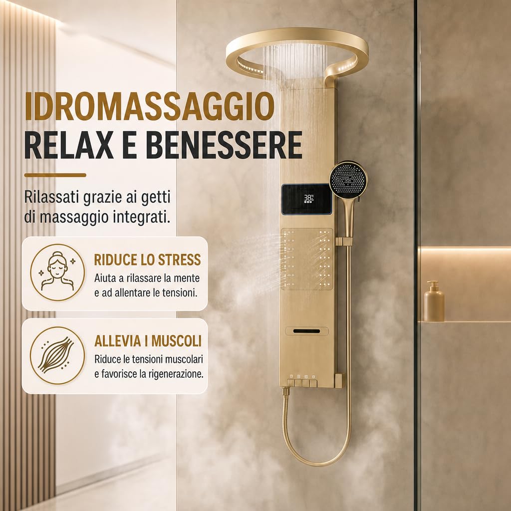 INEX EUROPA Pannello doccia termostatico di lusso color oro - Colonna doccia idromassaggio con 10 anni di garanzia e 4 modalità di funzionamento - Torre doccia alta 105 cm, collezione Daytona
