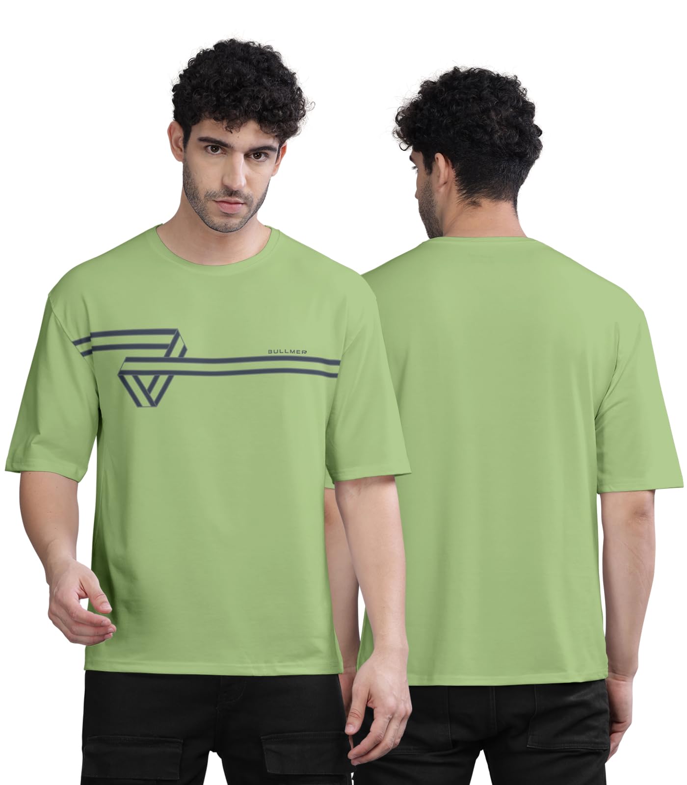 BULLMER Black Trendy Front and Back Printed oversized Round Neck T-shirt for men
