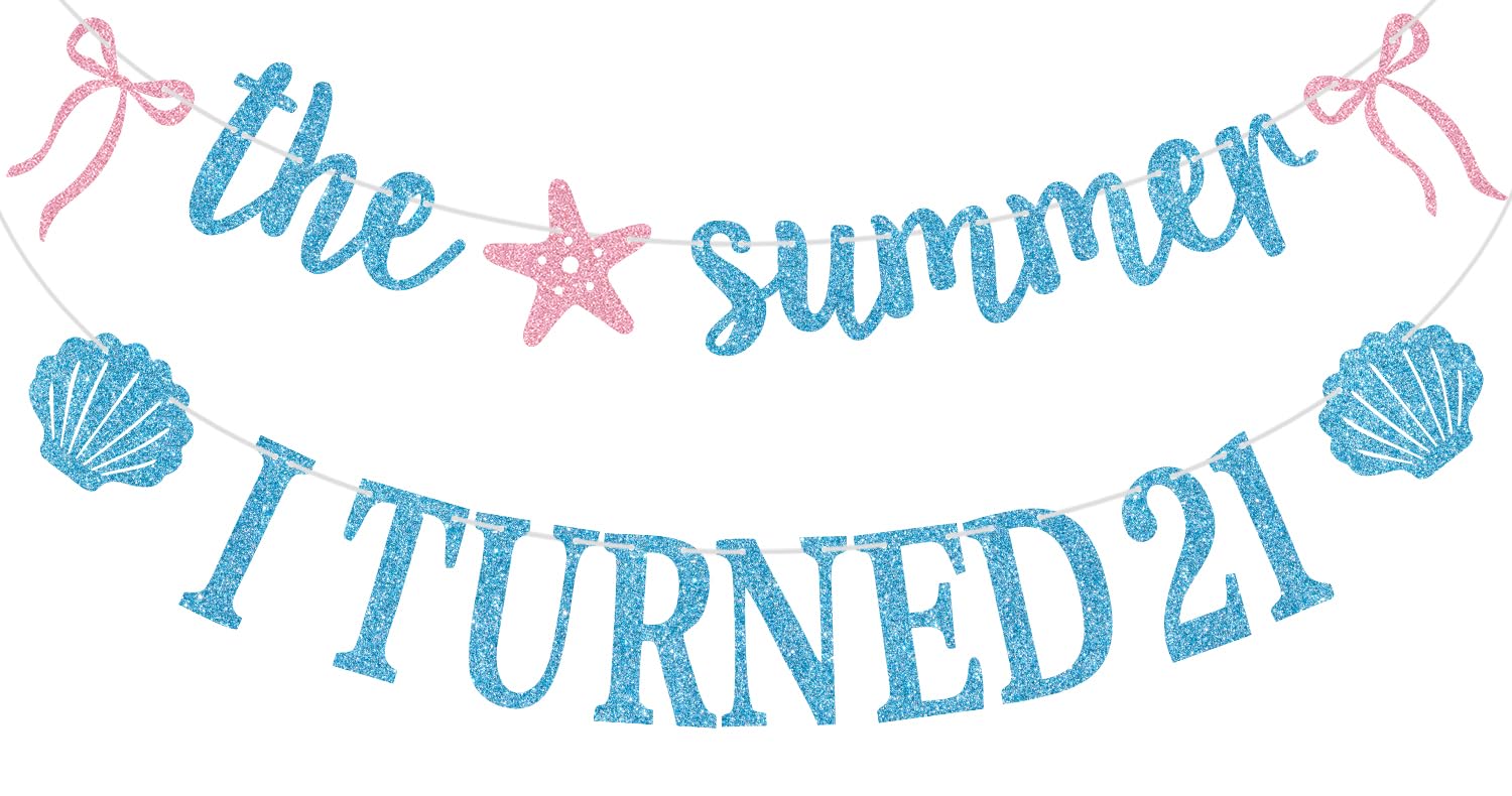 Blue Glitter Glitter the Summer I Turned 21 Banner, Hawaiian Summer Tropical Birthday Decor, Shell Starfish Themed 21st Birthday Party Decorations Supplies — image 1