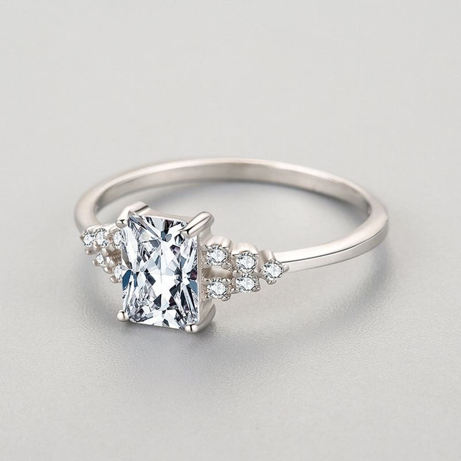 Hochzeits-Verlobungsringe für Frauen, Silberschmuck, rechteckig, Silber mit weißem Zirkonia, Größe N 1/2