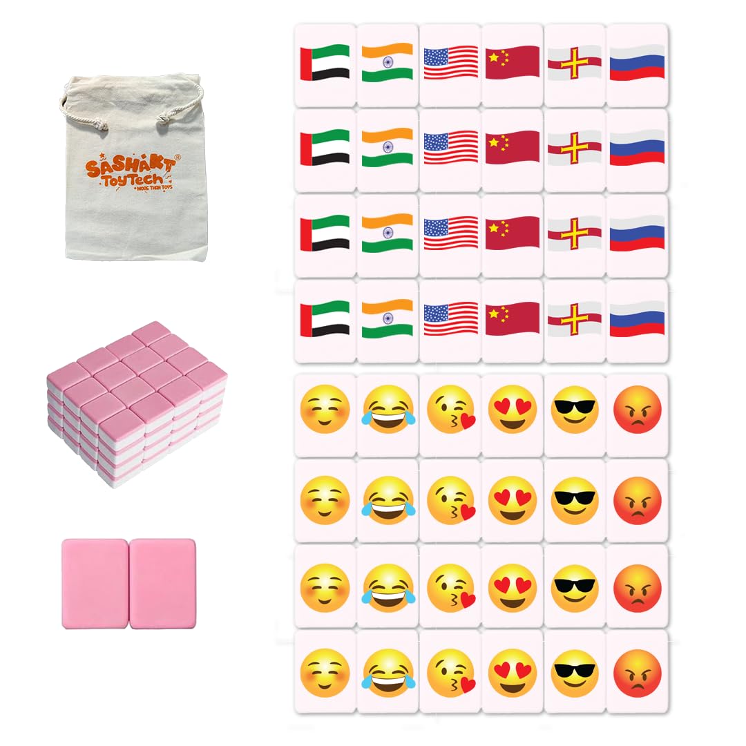 Toytech 2 Player Mahjong Block Game Set with 66 Tiles | Mahjong Tile Game with Flags & Emojis Design | Compact Tabletop Puzzle Game with Carry Bag for Travel Home Family Play | Pink Tiles 30mm-image-3