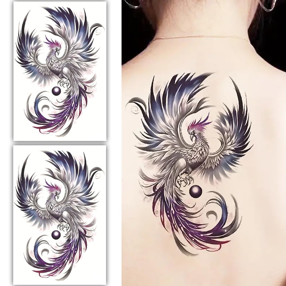 S.A.V.I 2 Sheets Large Phoenix Temporary Tattoo 19x12cm - Stylish Grey, Purple & Pink Waterproof Body Art Stickers for Women & Men - Long-Lasting, Easy to Apply & Remove - Party & Event Ready