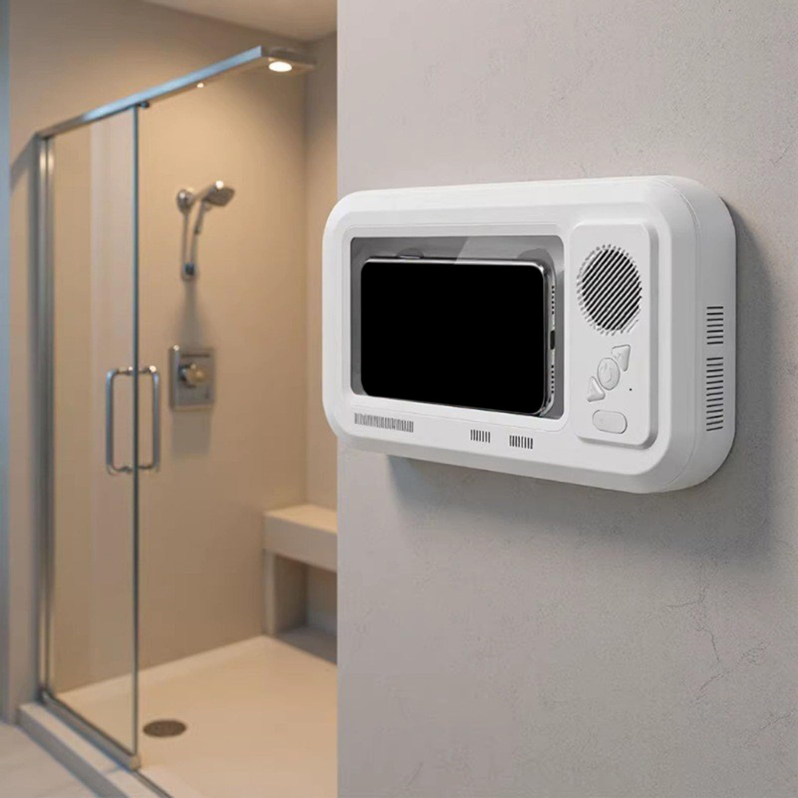 Soporte de ducha recargable para teléfono con altavoz Bluetooth inalámbrico, soporte de pared impermeable para espejos de baño de hasta 7 pulgadas