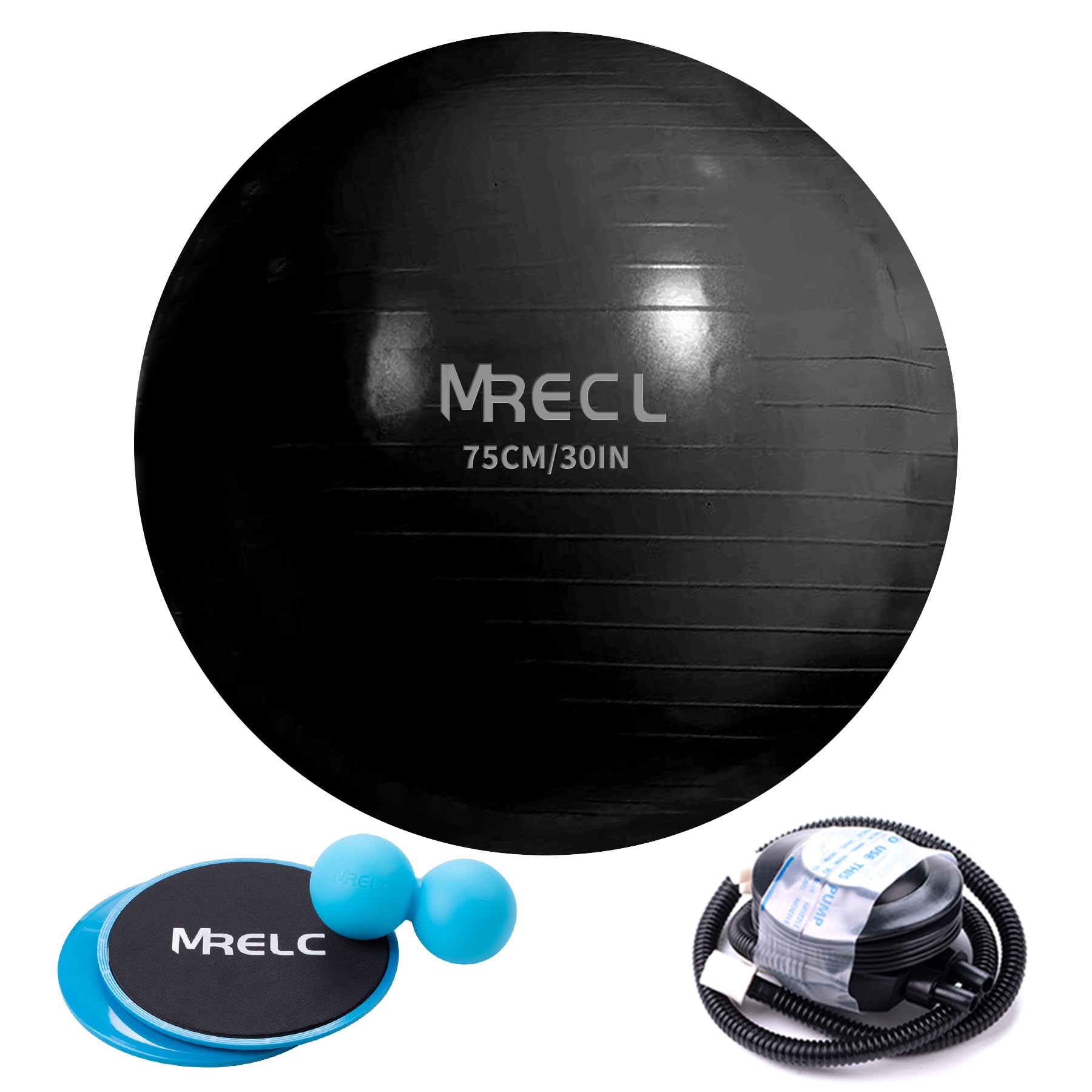 Anti-Burst Yoga Kit - 30in Massage Ball + Core Sliders, Stability Balance Ball for Pilates & Yoga - Quick Pump