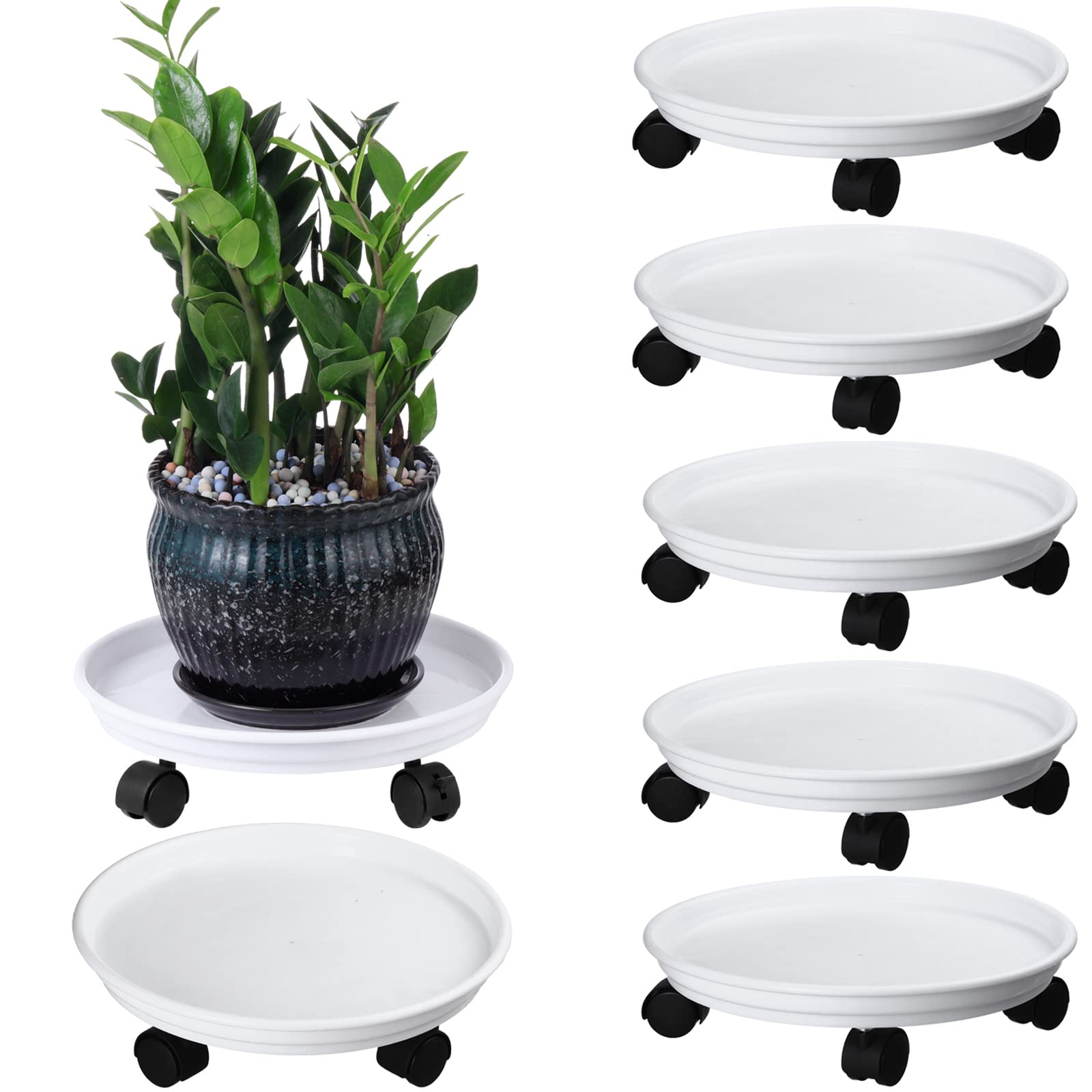 6 Packs Plant Caddy with Wheels 12" Plastic Rolling Plant Stands Heavy-Duty Plant Dolly with Casters Indoor and Outdoor Plant Roller Base Large Heavy Plant Pot Saucers with Wheels Plant Mover, White