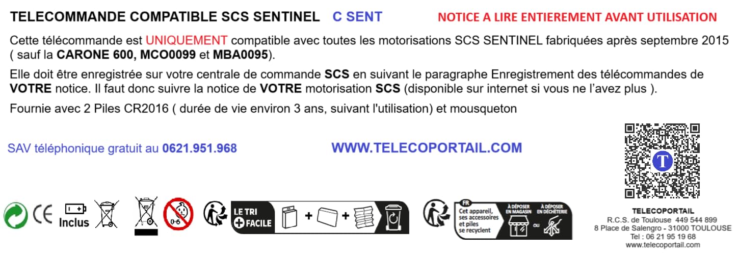 C Sent - TELEGATE - 2 X TELECOMMANDE Compatible SCS Sentinel CONTROLGATE TELEGATE Serie AAM0 - TELECOMMANDE DE Portail