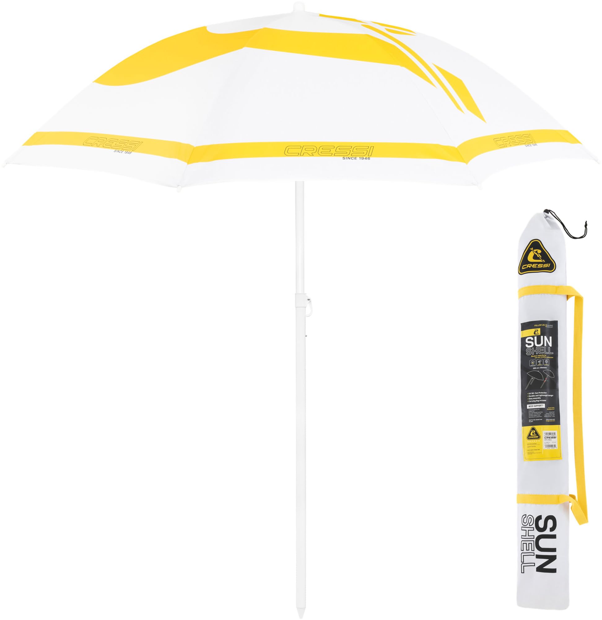 CRESSI Sunshell Umbrella White/Yellow/Black - Lightweight and Portable Outdoor Parasol, for Protection from the Sun and Bad Weather, Ø 200cm, Unisex